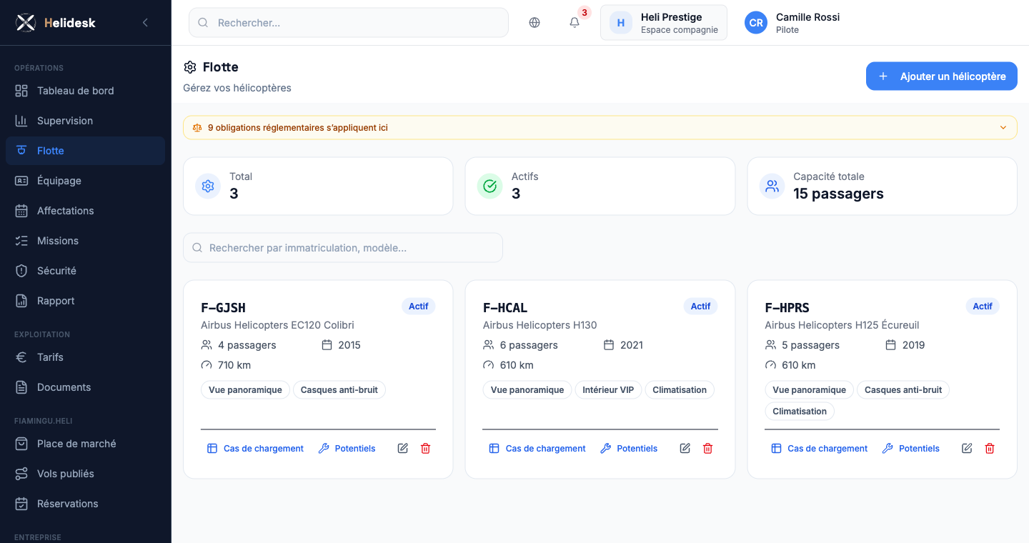Fiche de flotte : les appareils de la compagnie, configuration, masses et état.
