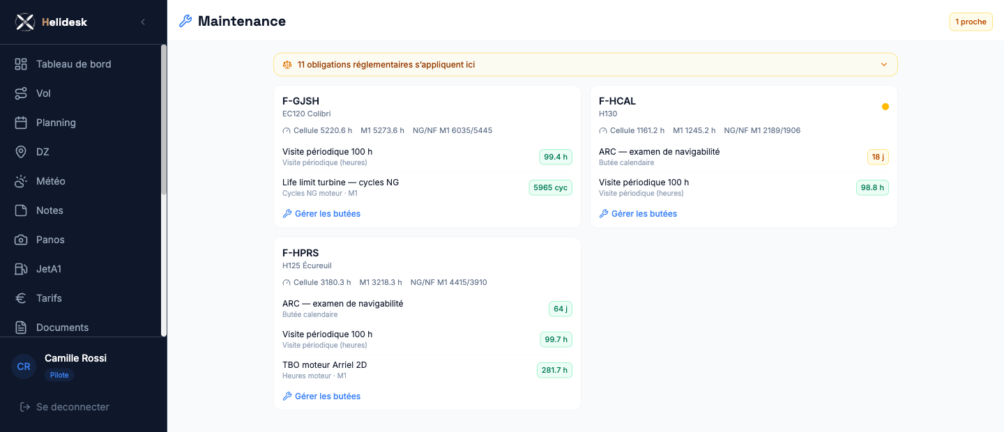 Suivi des potentiels : heures cellule et moteur, cycles, butées et restants par appareil.