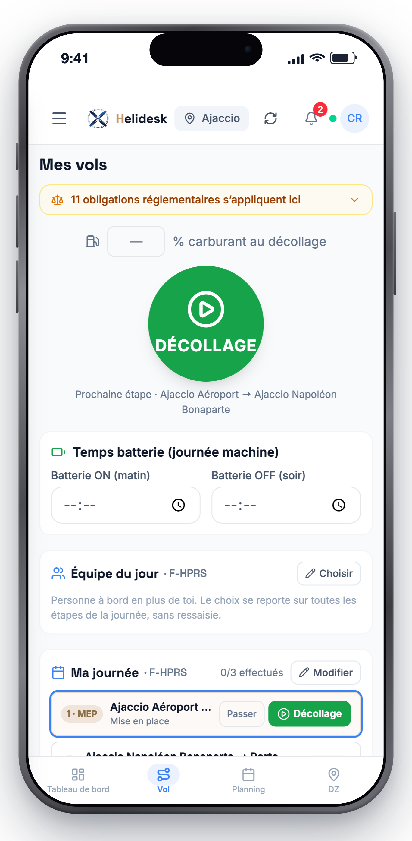 Écran de carnet sur iPhone : bouton DÉCOLLAGE, équipe du jour et programme.