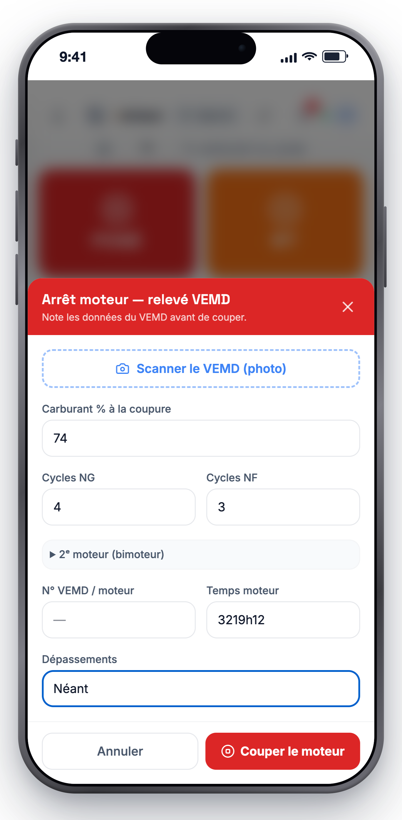 Relevé VEMD sur iPhone à la coupure moteur : cycles et dépassements.