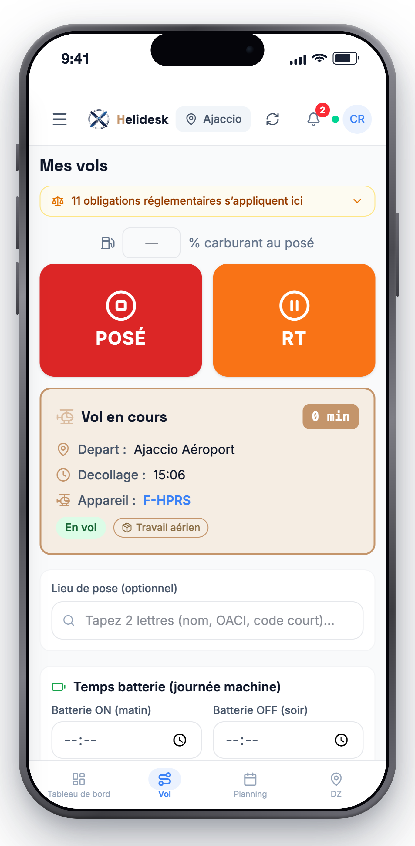 Vol en cours sur iPhone : les deux boutons POSÉ et RT, rotor tournant.