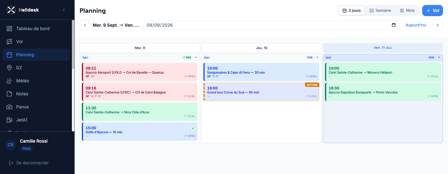 Planning sur trois jours : chaque vol porte son trajet, son appareil et son nombre de passagers.