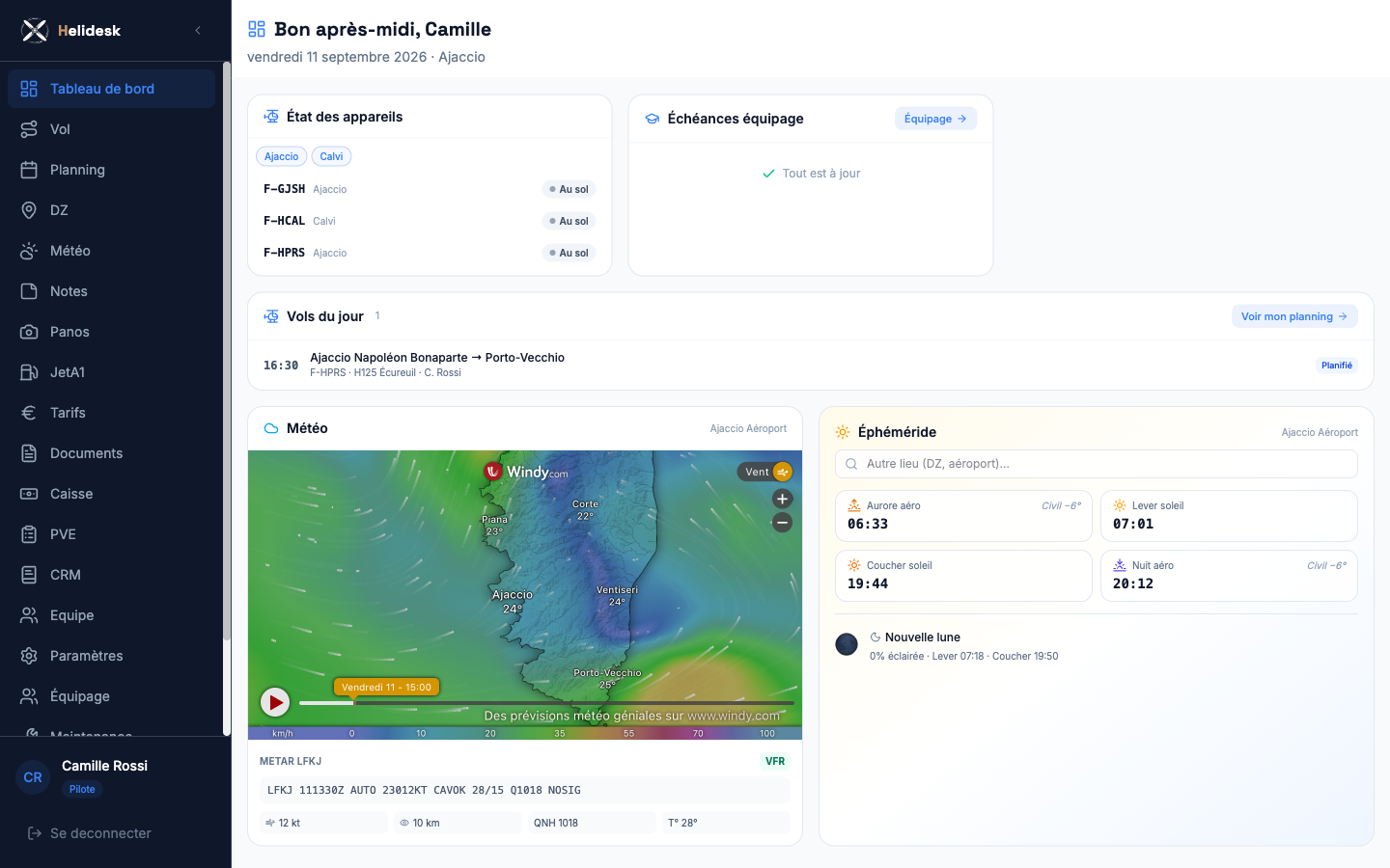 Tableau de bord Helidesk ops : appareils en ligne, vols du jour, METAR et éphéméride.